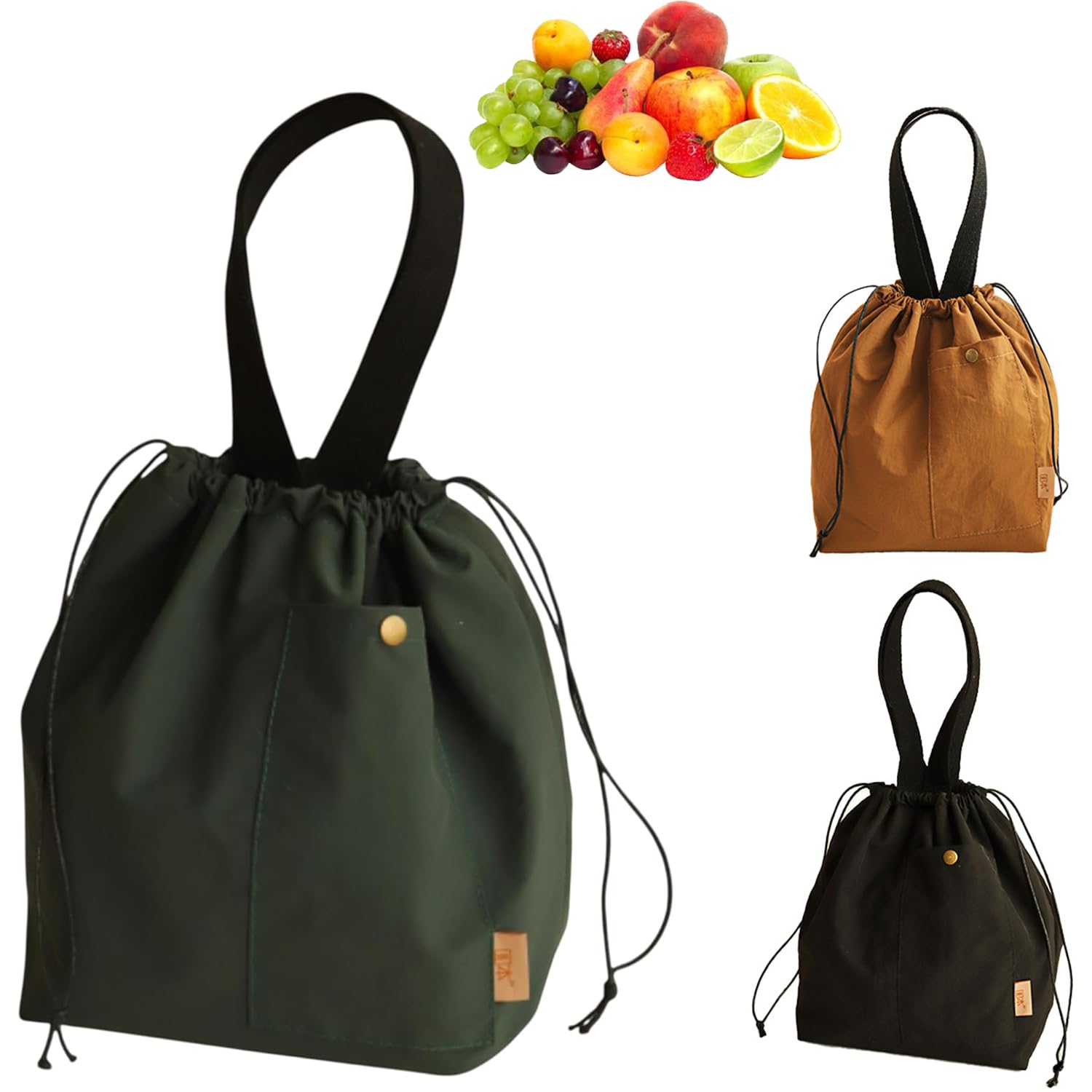 Pvieked 9L Insulated Lunch Bag with Thermal Lining & Side Pockets, Leakproof Wide-Mouth Reusable Lunch Tote, Foldable Drawstring Organizer for Office, School, Picnic, Travel and Camping (Dark Green)