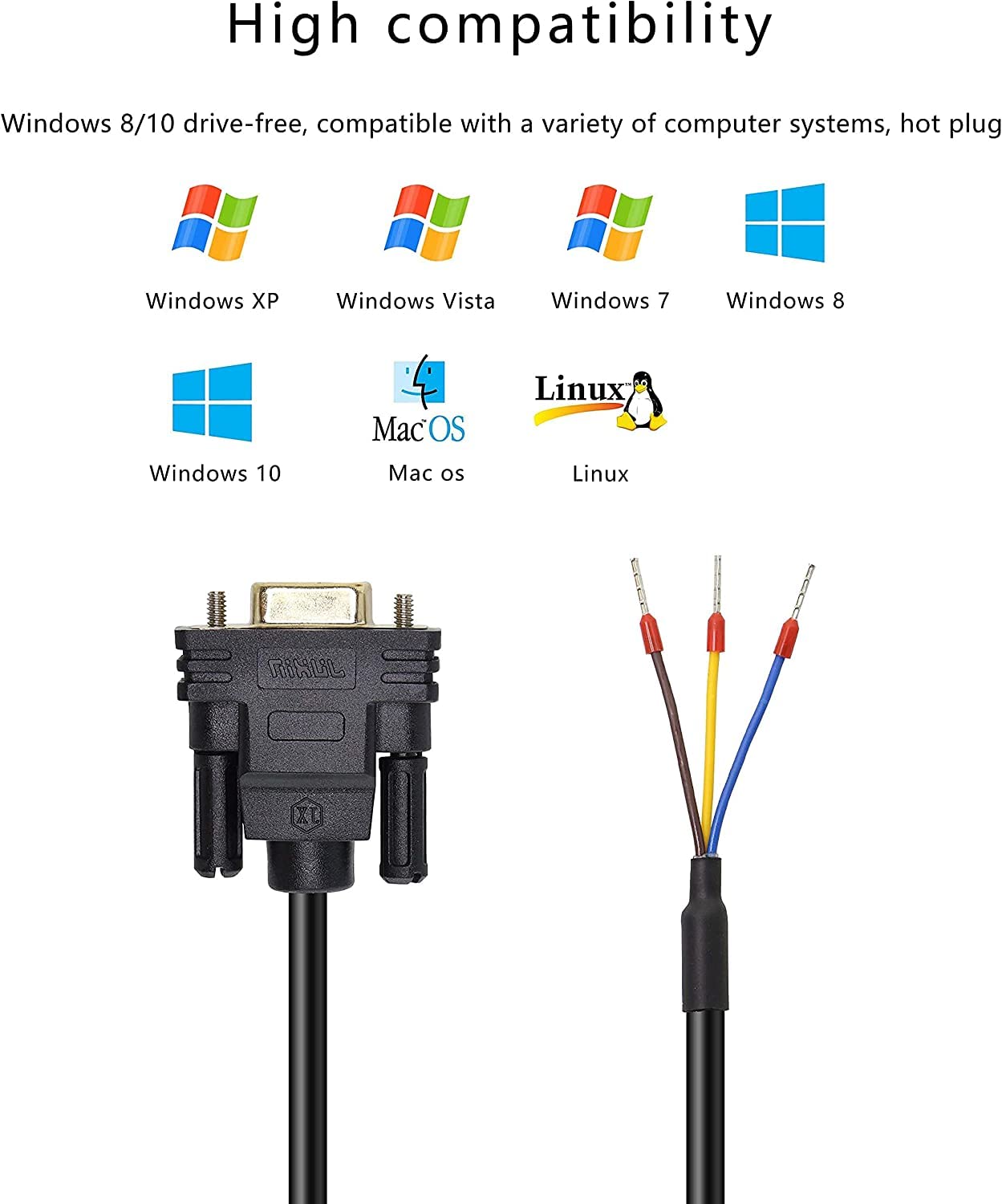 26AWG 10FT DB9 Male RS232 9 Pin Serial Extension Cable, Metal Case 9 Pin Gold Plated Connector With Bare Wire End Cable - View #4