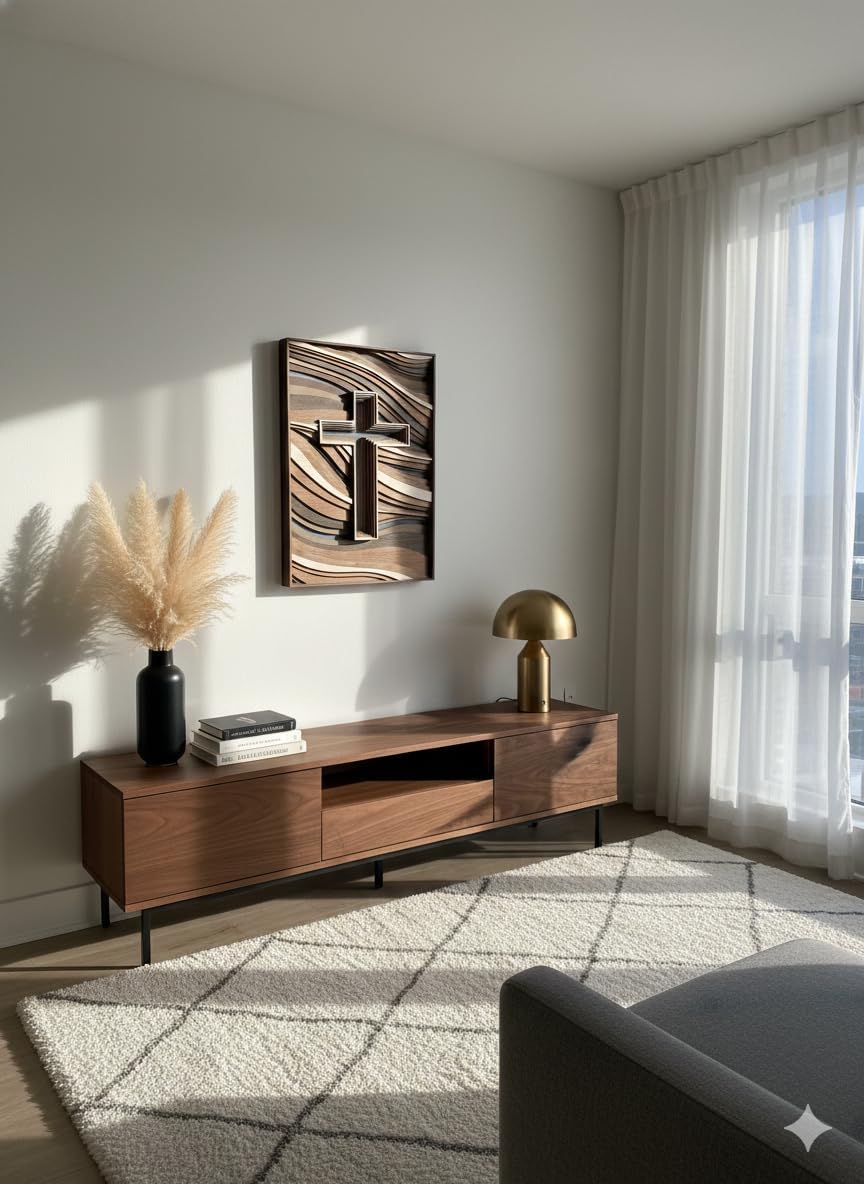 3D Layered Wooden Cross Wall Art – Handcrafted Plywood with Wave Pattern, Multi-Tone Natural Wood Grain Decor