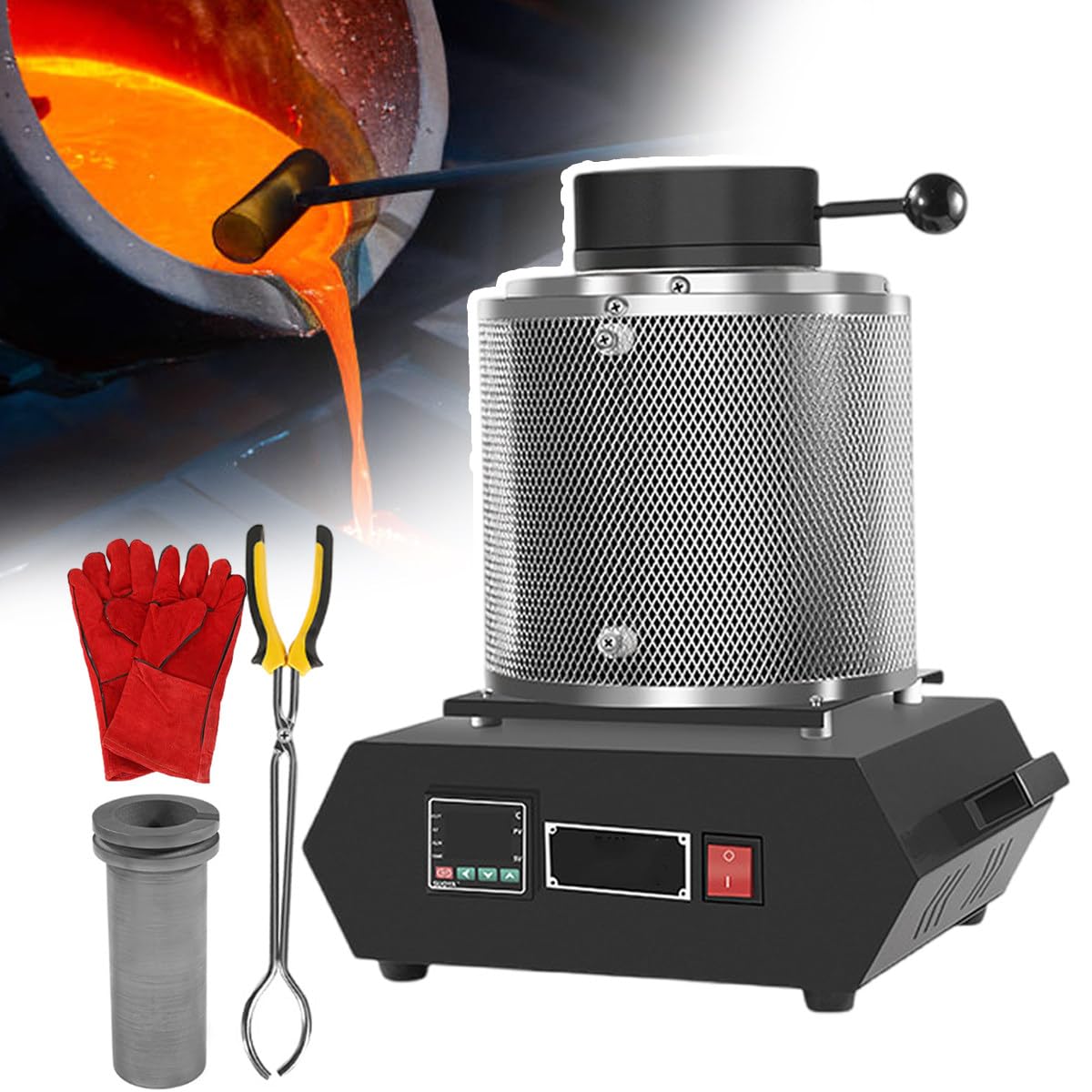Horno De Fusión Eléctrico Mejorado 2026 De 1500 W Con Pantalla Led De Temperatura, Crisol De Grafito, Guantes Aislantes Y Pinzas Para Crisol, Para Fundición De Oro, Plata, Cobre 3kg-Black