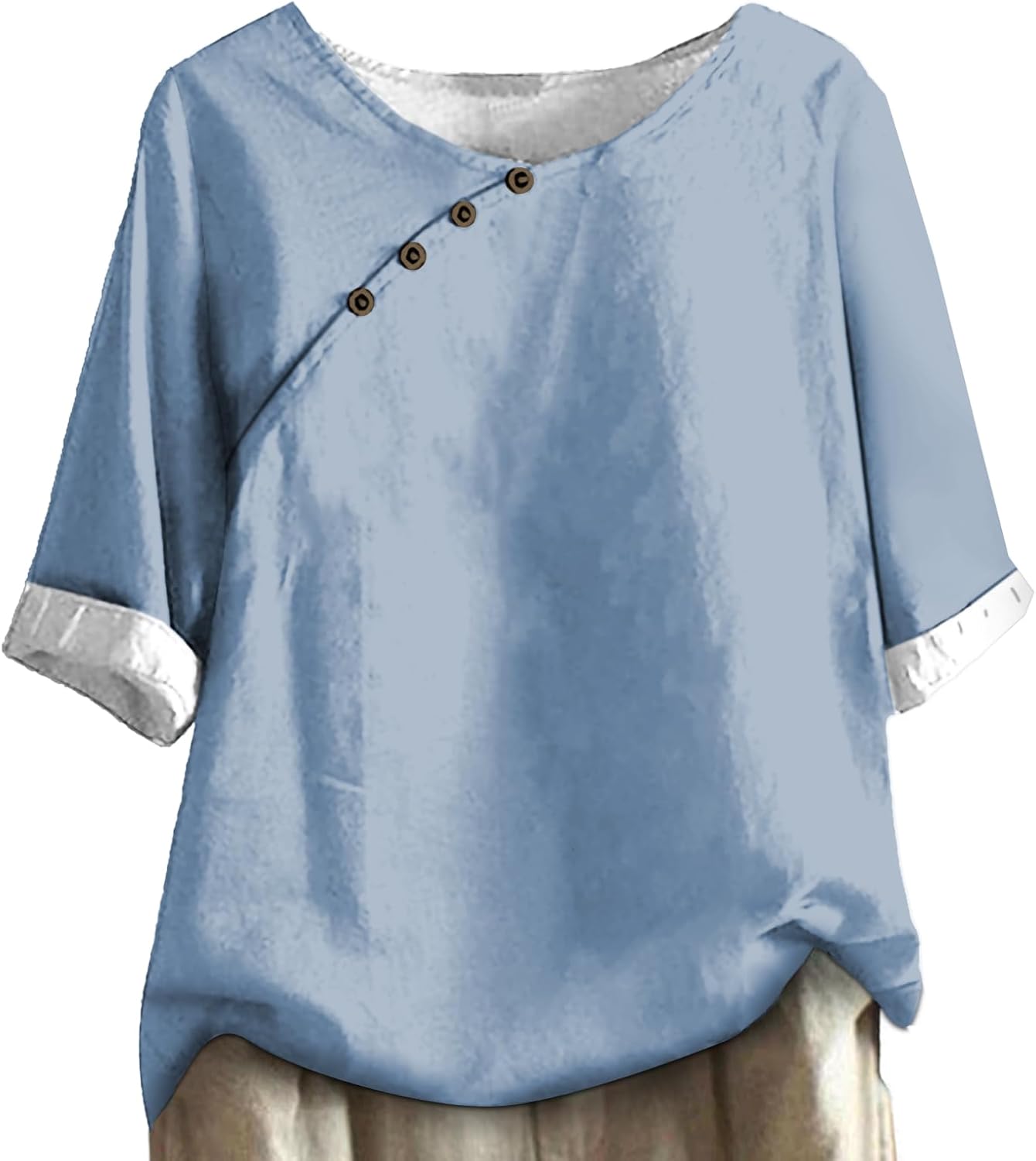 Womens Lightweight Tops Trendy Half Sleeve Crewneck Vintage Asymmetric Side Button Design Loose Fit T Shirts