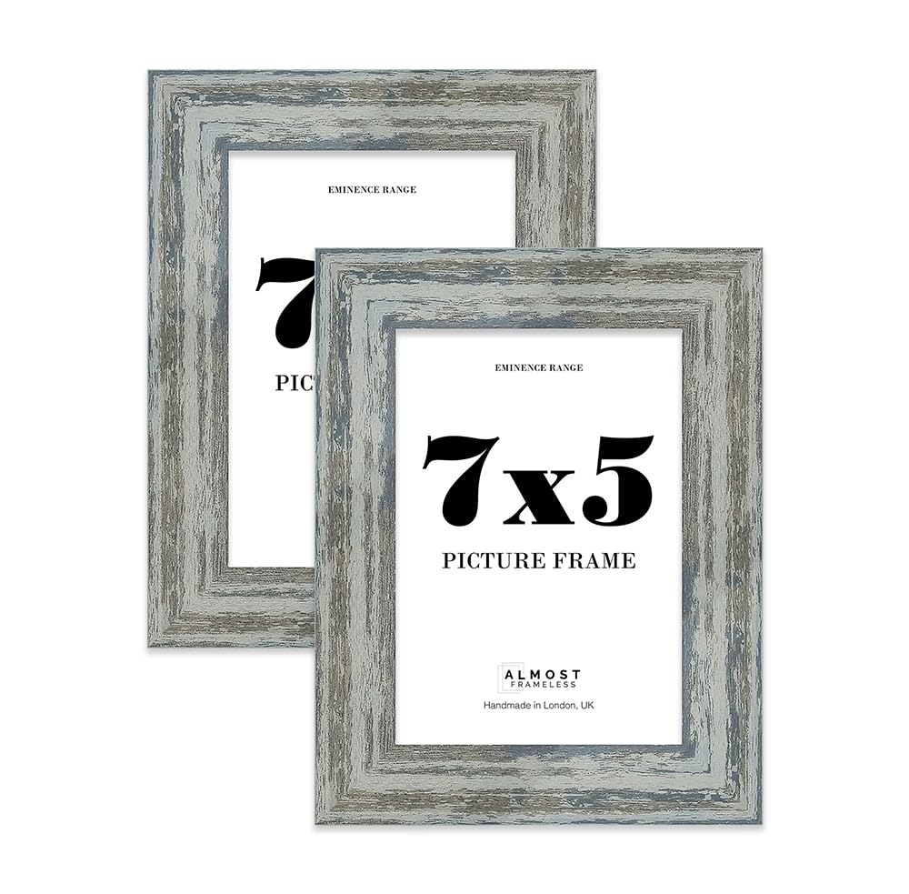7x5" Distressed Blue Picture Frame - Rustic Wood Industrial Effect Photo Frame for Wall Display, Ideal for Posters, Prints & Home Décor, Wall Hooks and Kickstand, 32mm Edge - 2 Pack