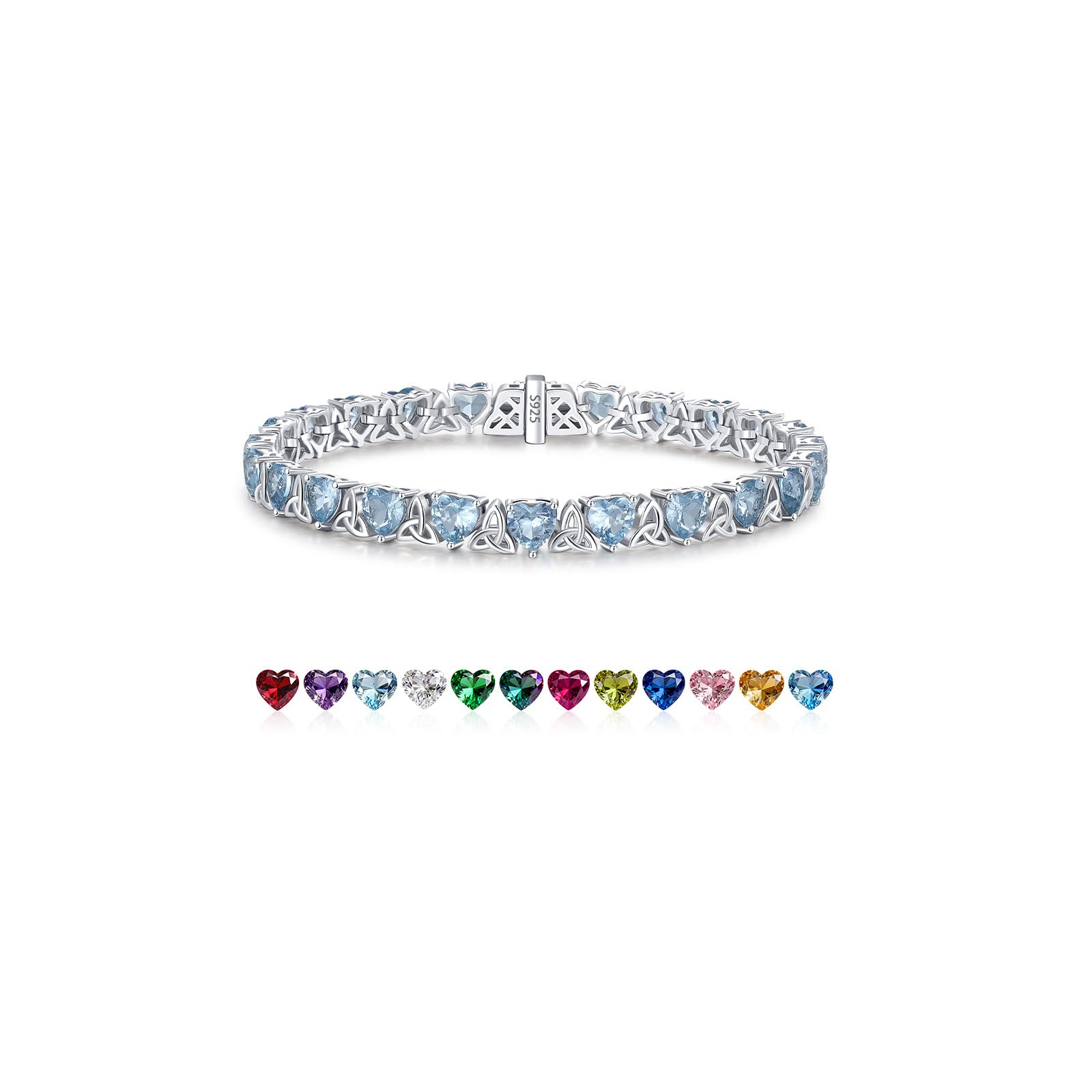 ETERMBOL Birthstone Tennis Bracelets for Women, 925 Sterling Silver Heart Shaped Celtic Trinity Knot, 7 Inch Charm Trendy Hypoallergenic Anniversary Birthday Gifts for Her