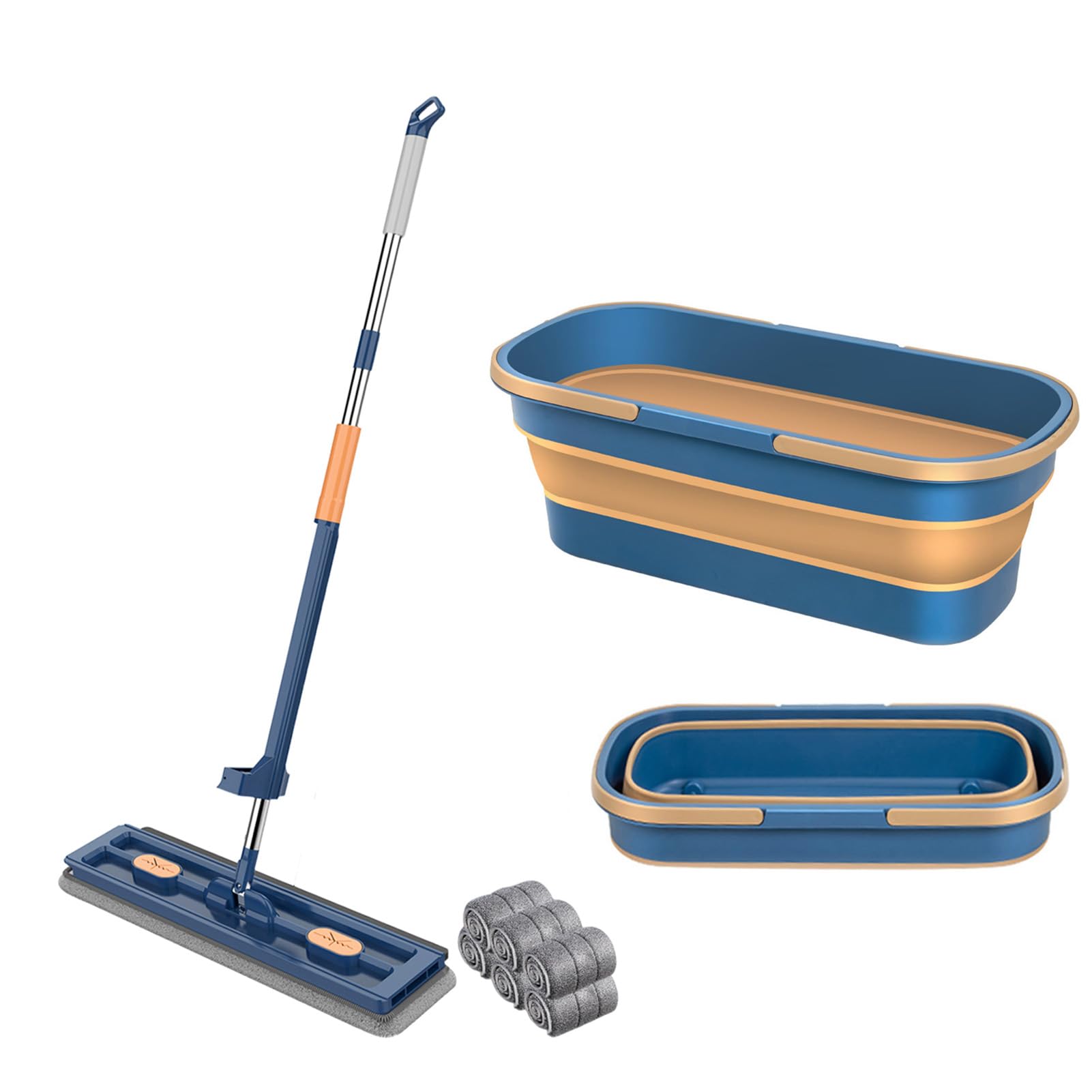 Flat Squeeze Mop with Foldable Bucket, Handle, Wheel & Microfiber Pads - Portable Cleaning Set, Blue