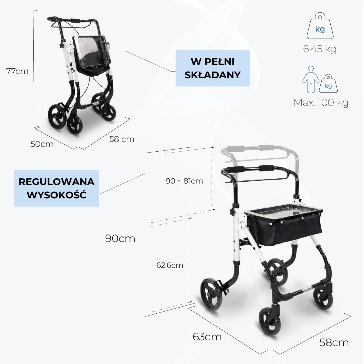 Olimpo Mobiclinic Aluminiowy składany chodzik z torbą i tacą 4 kółka biały