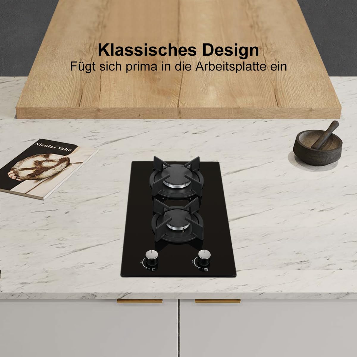 SNDOAS Piano Cottura 2 Fuochi Gas, 30 cm Piano Cottura Vetro con Protezione Automatica Della Fiamma, Gas Naturale e Gas Propano, Incorporato, Nero, 4200 W, 220-240 V