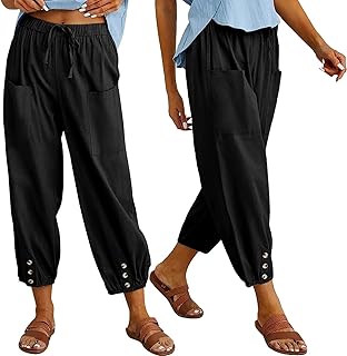 MARSVOVO Pantalones holgados de cintura alta para mujer, pantalones capri con cordón y bolsillos, pierna ancha, pantalones recortados al tobillo para mujer