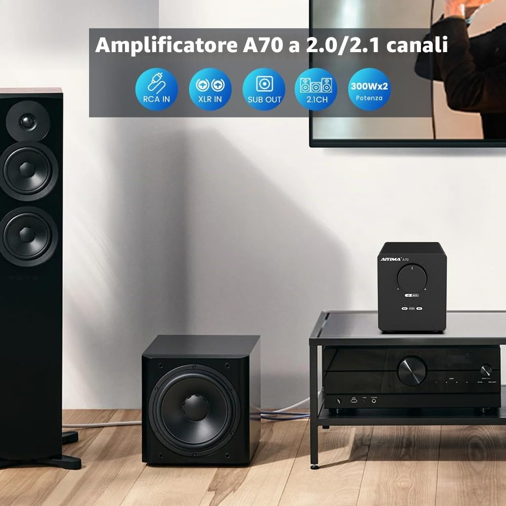 AIYIMA Amplificatore stereo simmetrico A70 con PFFB 4 Ohm 300 Watt TPA3255 2.0 canali, classe D per altoparlanti home theater con ingressi XLR e RCA e ingresso trigger (alimentatore DC48V 5A)