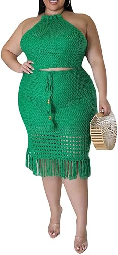 Miniatura 3 de Conjunto de falda de dos piezas para mujer, diseño de red de pesca con borlas, hueco y hombros descubiertos, vestidos de playa, salida de baño
