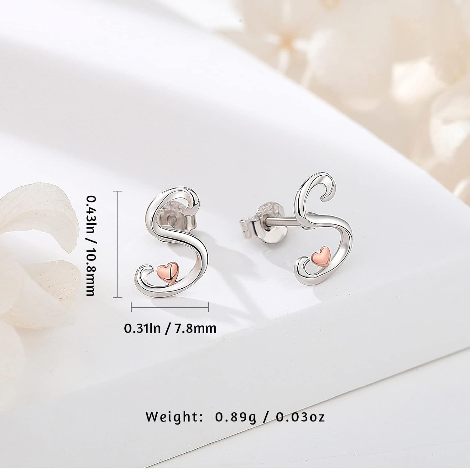 CELESTIA 925 Sterling Silver Initial Earrings 26 Letter with Rose Gold Heart Earrings Studs