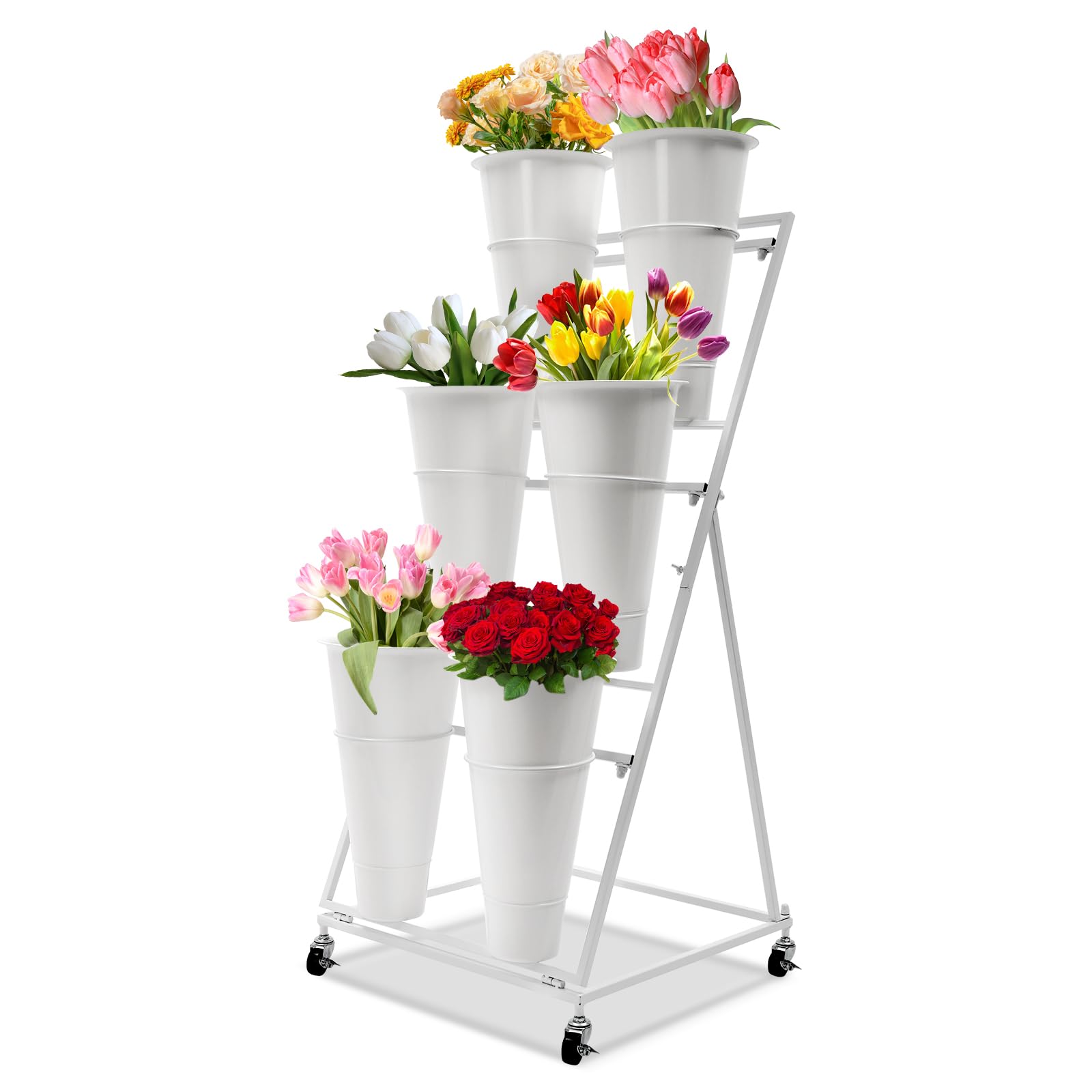 Flower Display Stand with 6 Buckets, 3-Tiers Metal Mobile Florist Bouquet Stand Flower Cart with 4 Wheels for Indoor Outdoor Patio Garden, Living Room, Florist