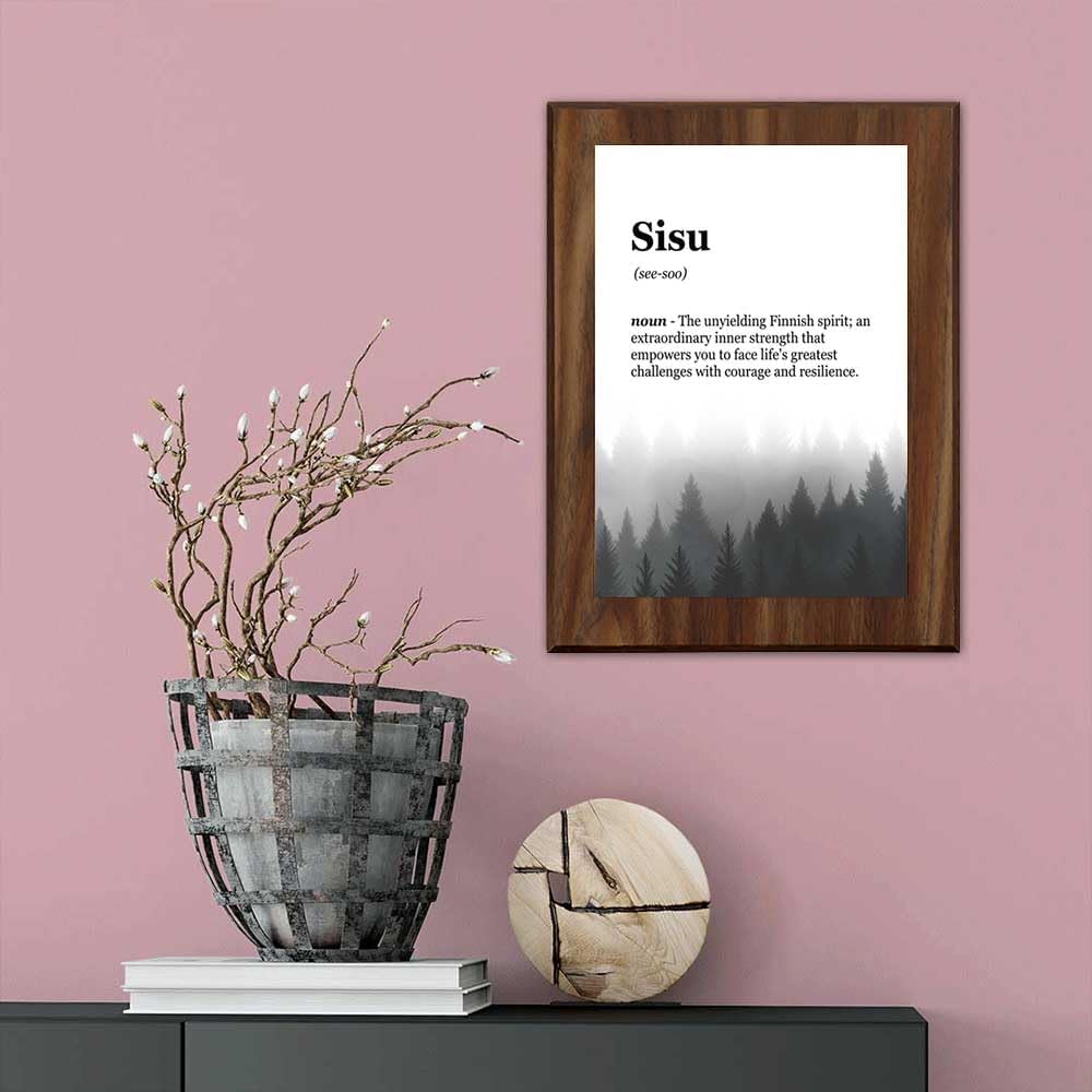 Sisu Definition, Wooden Frame 8x10 Decorative Wall Plaque With Easel Acrylic Stand | Elegant Forest Design | Inspirational Typographic Decoration