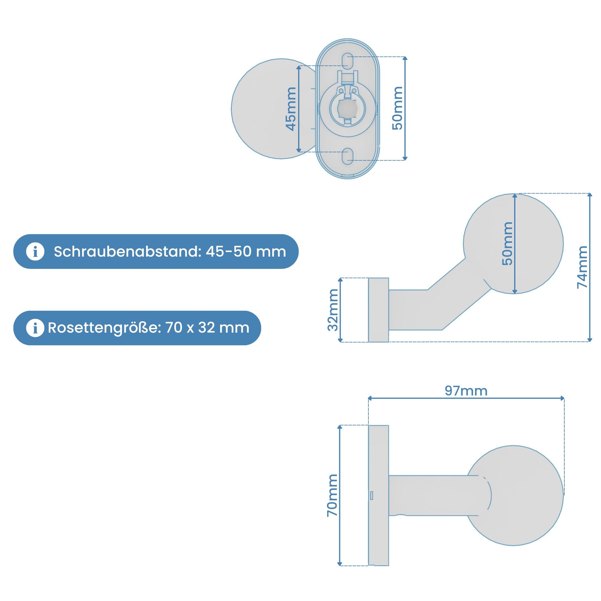 Sempro 2 drehbare Kugelknäufe auf 70x32mm oval Rosette aus Rostfreier Edelstahl für Gartentore, flexibler Schraubenabstand von 45 bis 50mm