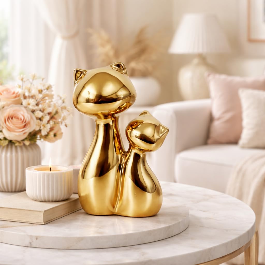 - Xtore® Metallic Gold Cat Couple Ceramic Figurine for Home Decor, Modern Animal Sculpture