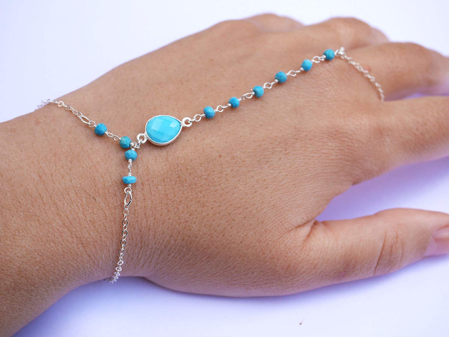 Bijoux de main - Pierre Turquoise - bracelet argent 925 - Chaîne argent - Bracelet de main - Bague argent - Chaine rosaire Turquoise - Boho