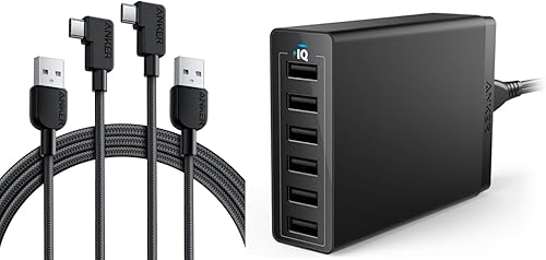 Anker Cable [2 Pack 6ft], Right Angle USB A to USB C Braided Cable & Anker Charger, 60W 6 Port Charging Station