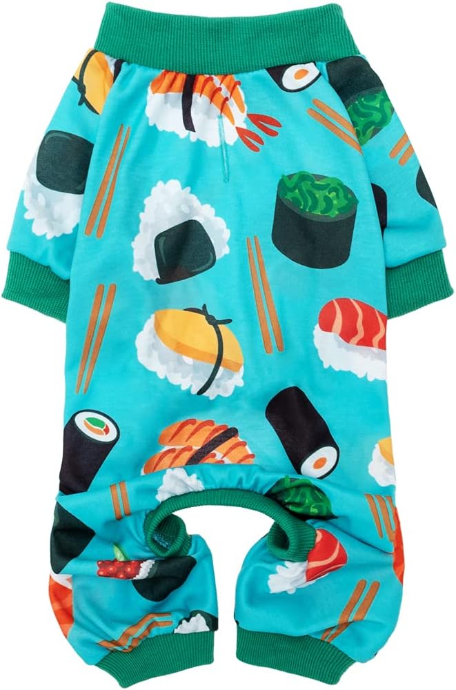 PUPTECK Soft Dog Pajamas, Stretchable Pjs Dog Jumpsuit Dog Clothes Dog Apparel with Sushi/Donut Pattern, for Small Medium Large Dog