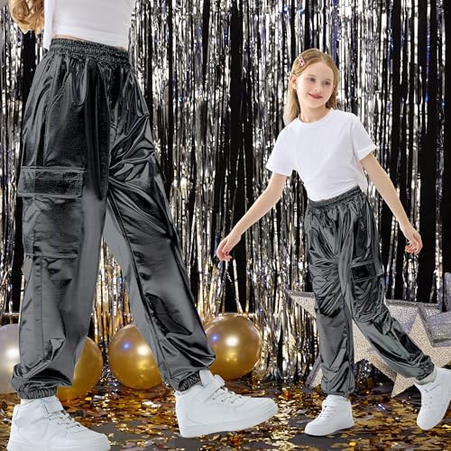 Image of Rolanko Girls Shiny Metallic Cargo Pants, Sparkle Jogger Pants for Girls Hip Hop Dance Streetwear Cargo Trousers 6-15 Years