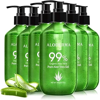 Aloderma 99% Organic Aloe Vera Gel Made within 12 Hours of Harvest - Pump Bottle - Lightweight Aloe Gel for Face and Body, Soothing and Hydrating Sunburn Relief, Great for Scalp & Hair - 6 x 10.6oz