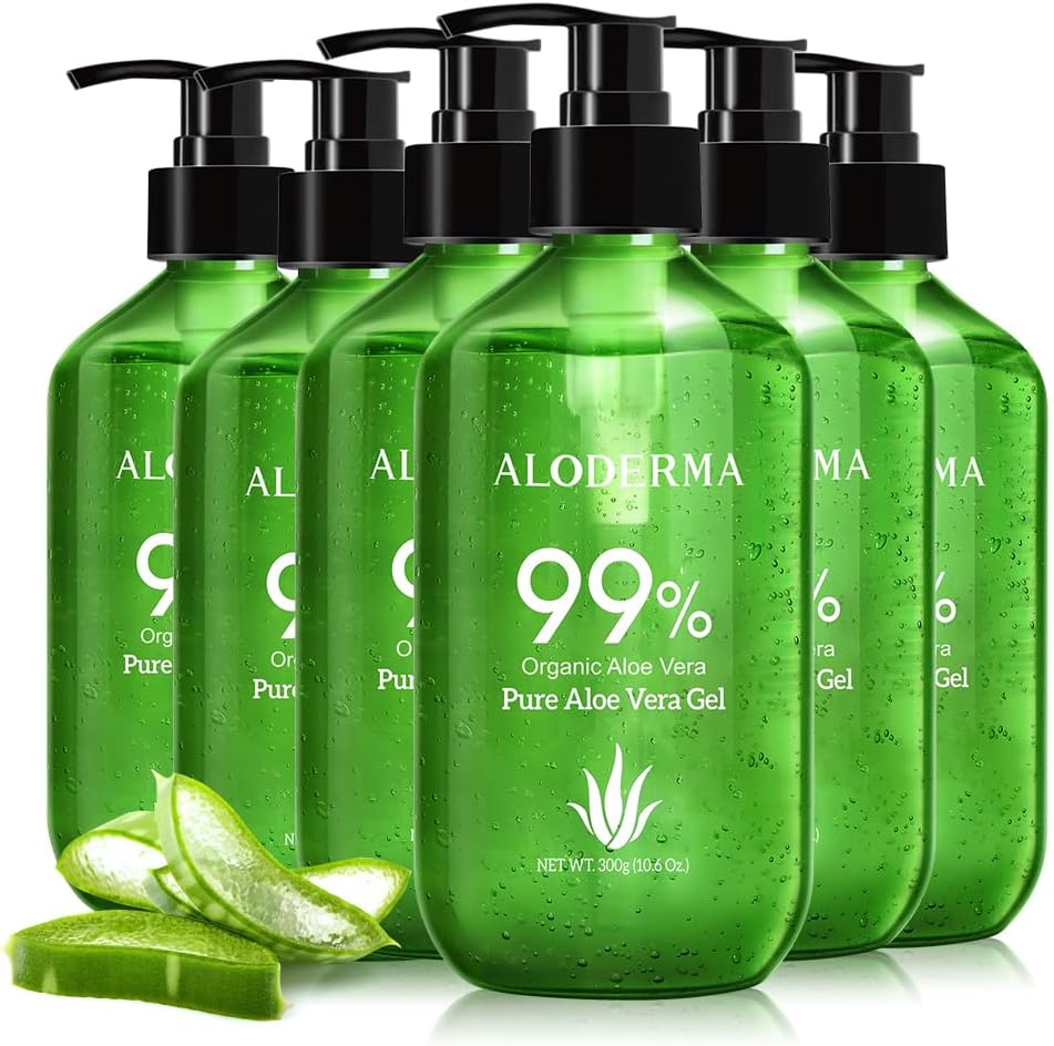 Aloderma Aloe Vera Gel Made within 12 Hours of Harvest with 99% Pure Organic Aloe Vera - Pump Bottle - Ideal for Face and Body, Soothing & Hydrating Sunburn Relief, Great for Scalp & Hair - 6 x 10.6oz