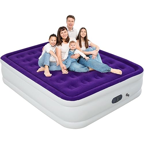 Queen Air Mattress with Built in Pump, Inflatable Mattress for Home, Blow up Air Bed 3 Min Quick Inflation and Deflation, Thin Velvet Top, 22'' Queen Size Purple