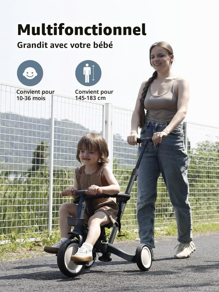 newyoo Tricycle Draisienne 5 en 1, Tricycle Bébé Évolutif 1-3 Ans avec Barre Poussée, Vélo Enfant, Guidon Réglable, Barres Sécurité, Jouet à Chevaucher, Cadeau Anniversaire, TR008, Gris Anthracite