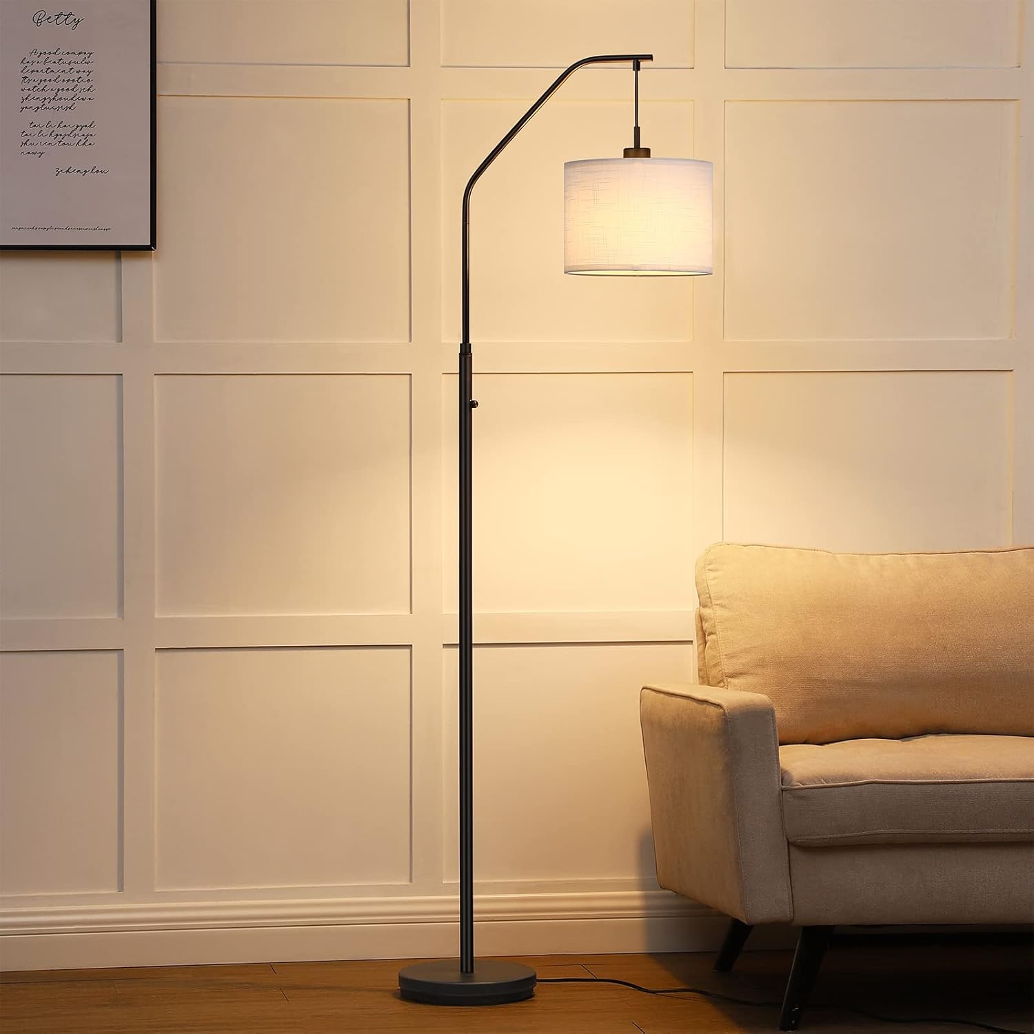 DEWENWILS Black Floor Lamp with White Linen Drum Shade and 10W LED