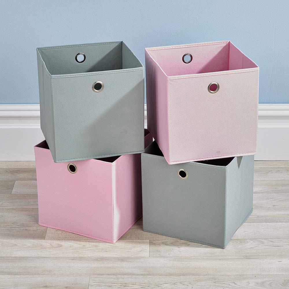 Home Source Folding 2 2 Square Storage Utility Box Fabric Cube 4Pc Set Basket Bag Pink/Grey