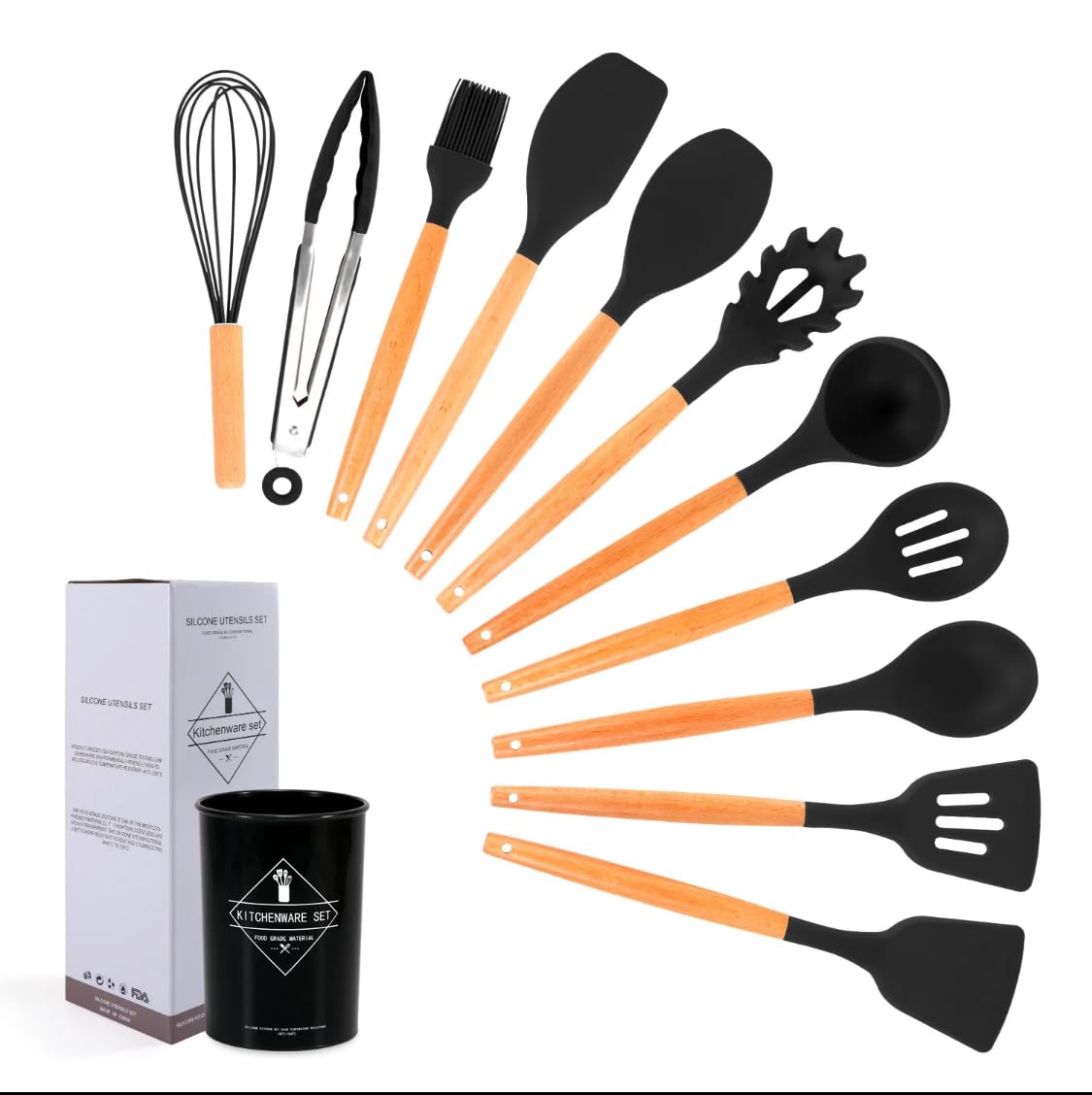 Silicone Kitchen Utensil Set, 12 Pieces, Wooden Handle, Heat Resistant, Non-Stick, Dishwasher Safe (Black)