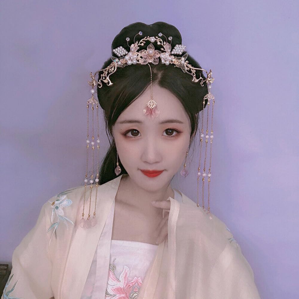 Horquilla larga china con borla larga con flor y perlas Hanfu. Accesorios para el cabello