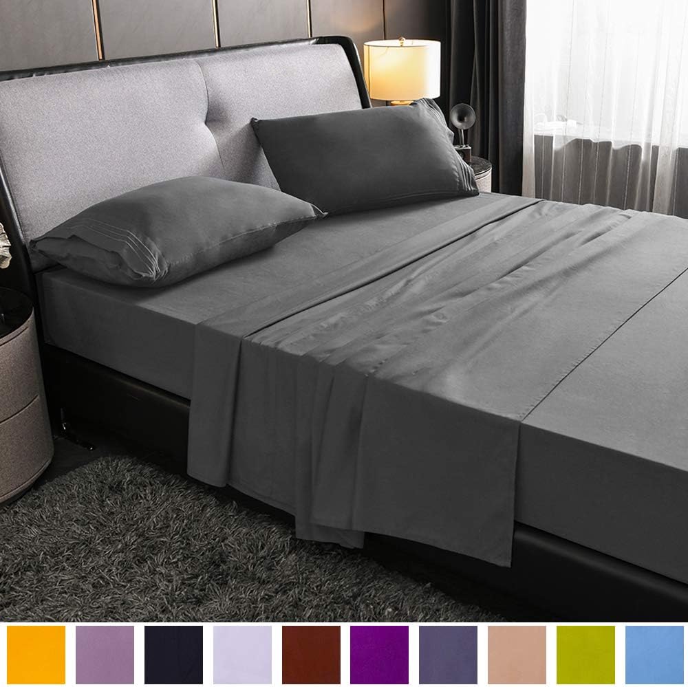 SAKIAO Queen Size Bed Sheets Set - Brushed Microfiber 1800 Thread Count Percale - 16" Deep Pocket Egyptian Sheets Beautiful Breathable Wrinkle Free & Fade Resistant - 4 Piece (Dark Grey,Queen)