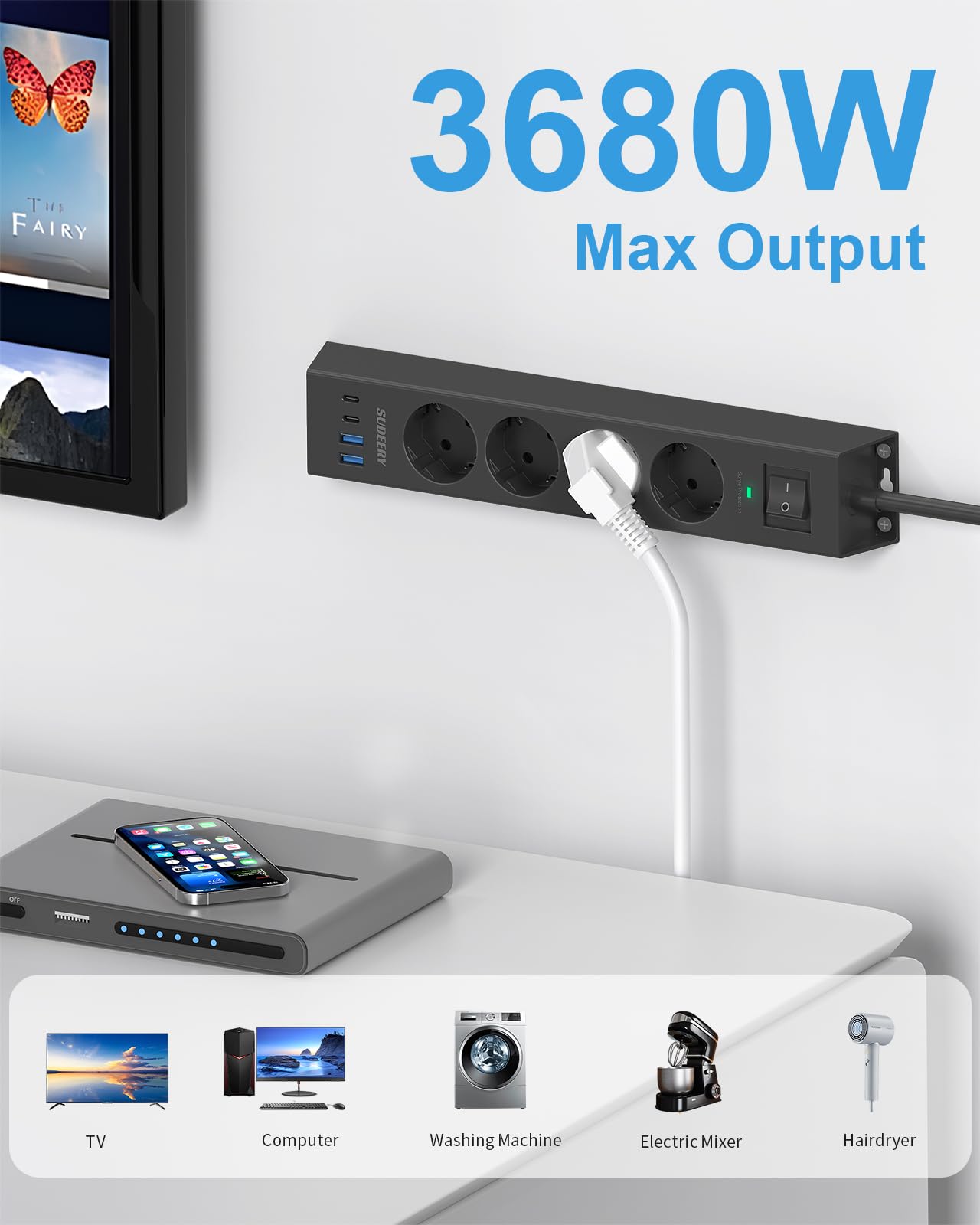 Listwa zasilająca z 4 gniazdami z USB C, listwa zasilająca 8 w 1, montaż ścienny, z przełącznikiem i kablem 2 m, z zabezpieczeniem przed przepięciem, do biura, kuchni (czarna)