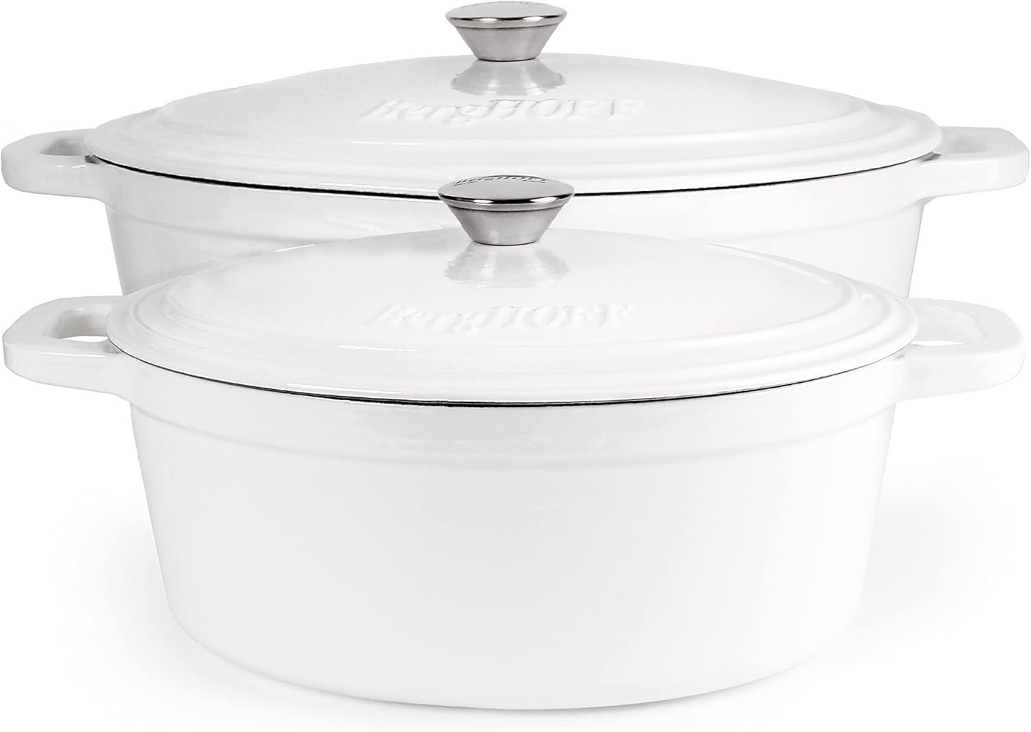 BergHOFF Neo 5Pc Enameled Cast Iron Cookware Set, 5qt., 8qt. Dutch Ovens, Matching Lids, Fry Pan 10 Inches, Fast, Evenly Heat, Oven Safe (White)
