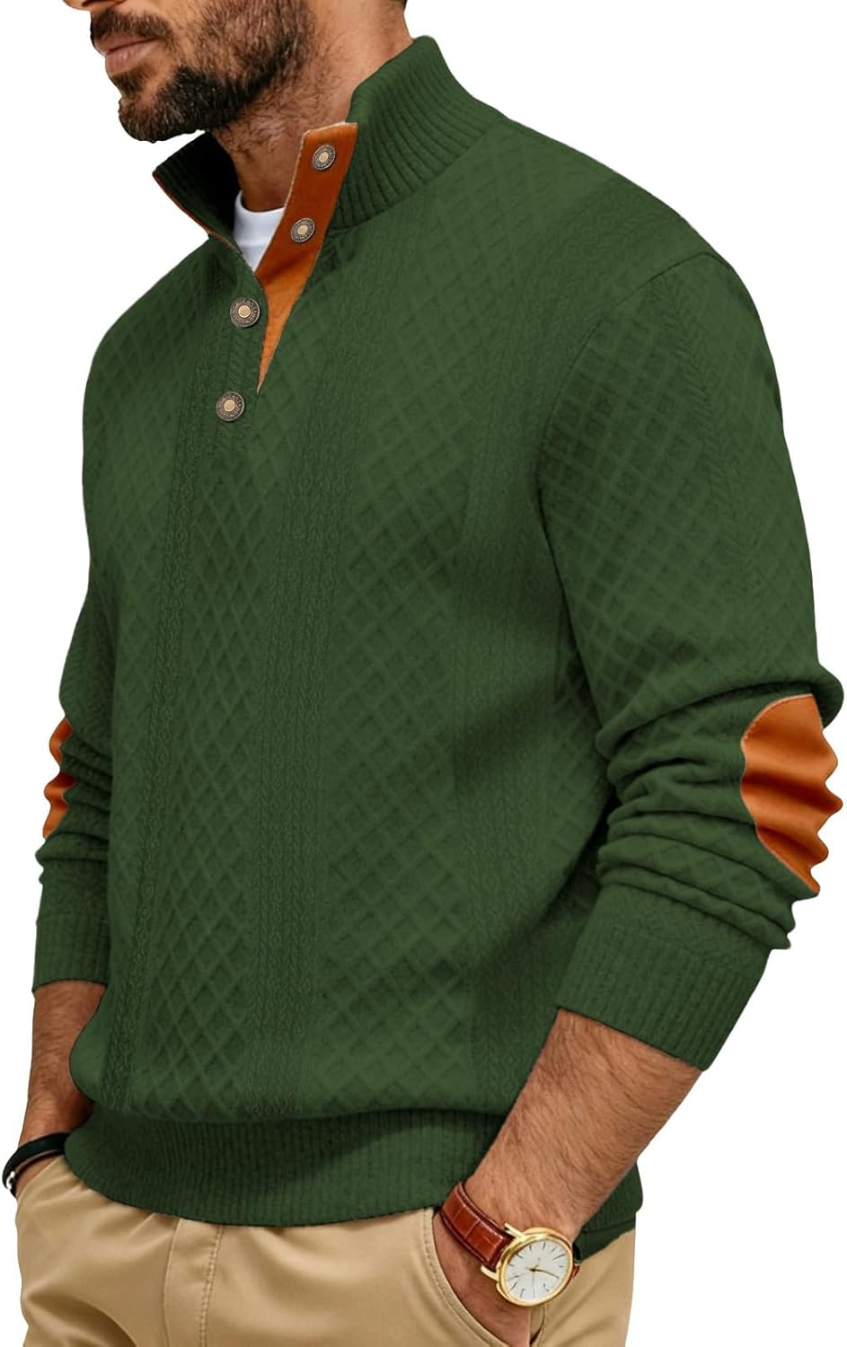 Men's Block Striped Sweatshirt Casual Outdoor Long Sleeve Stand Collar Pullover Sweatshirt Button Quarter Sweater - Image 4