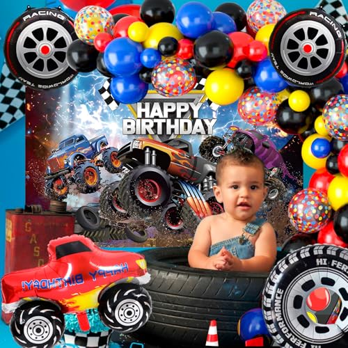 26Pcs Monster Truck Birthday Party Balloons Tablecloth Big Wheel Balloons by Generic - Used condition - Image 5