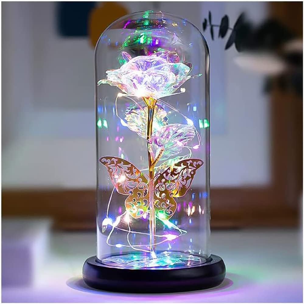 Glass Crystal Rose Flower Gifts, LED Artificial Butterfly Colorful ...