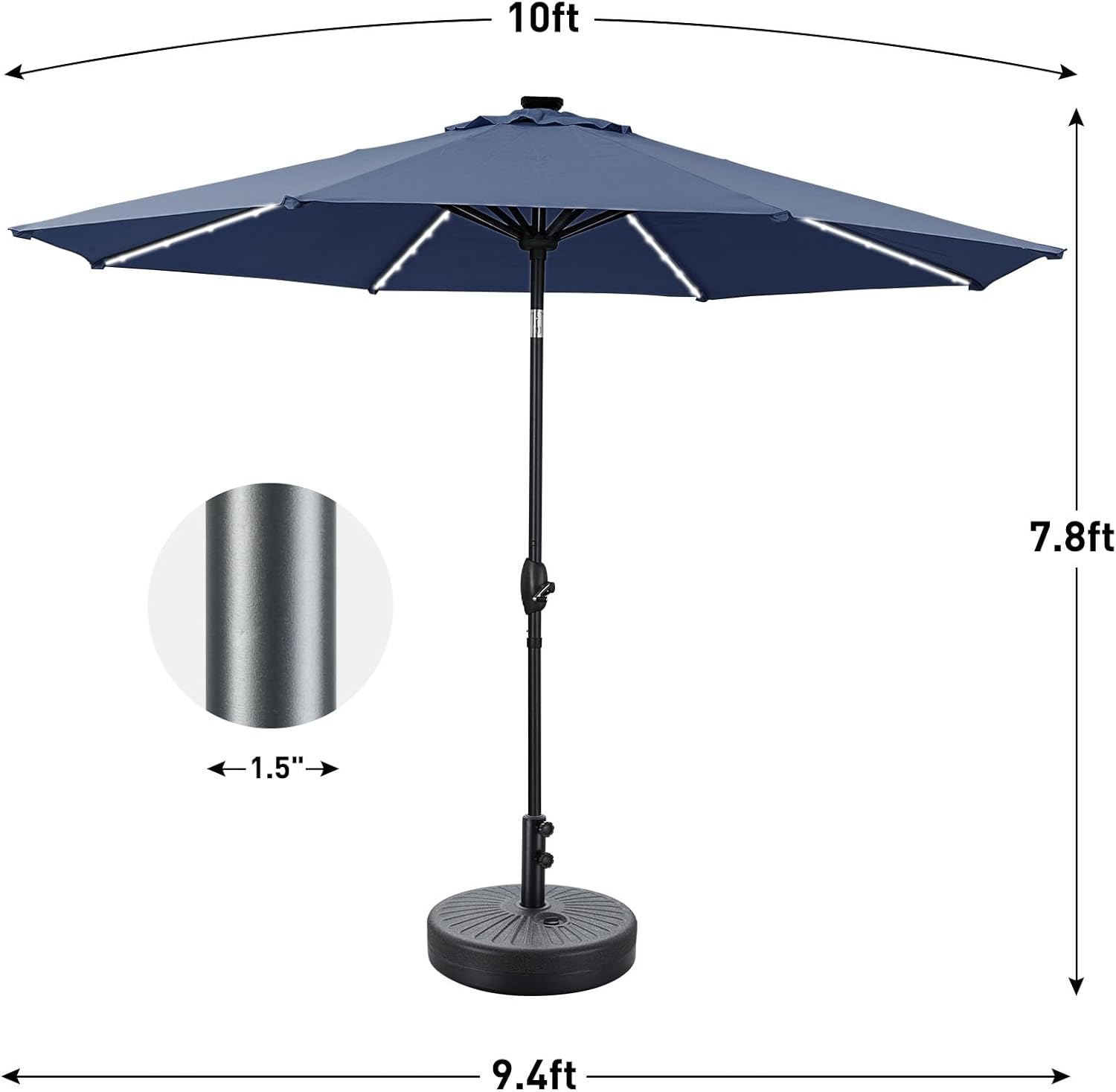 GDY 10 ft Solar Patio Umbrella with Base, 8 Ribs 8 LED Strip Lights and Push Button Tilt & Crank Outdoor Table Umbrella (Navy Blue)