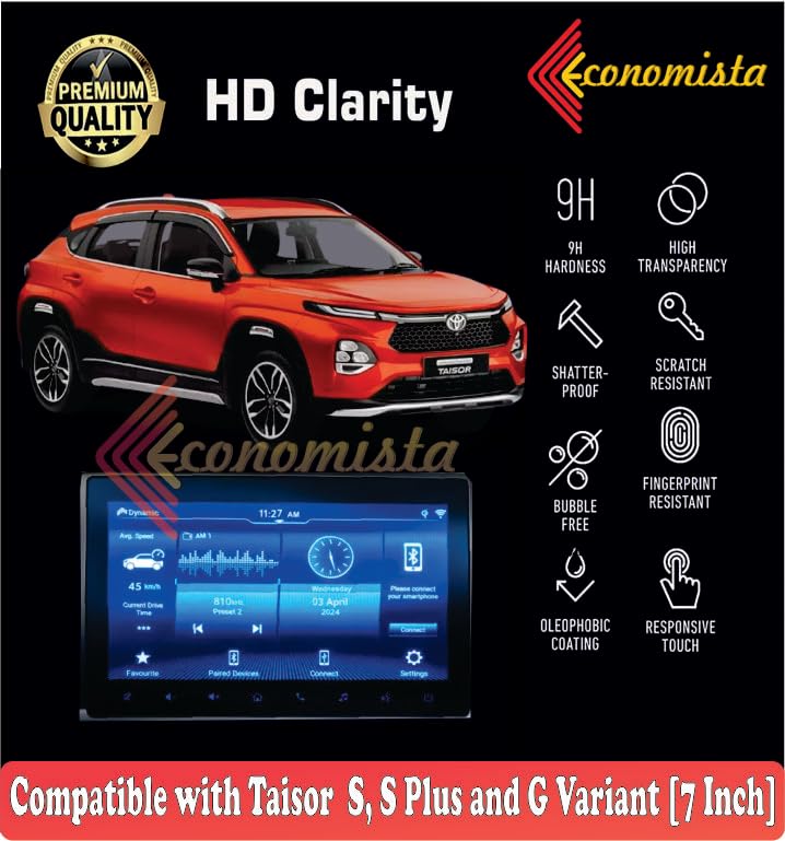 Image of Economista Drive In Luxury Car Screen Protector [Guard] For Infotainment System, 9H Hardness, Water Resistant, Oleophobic, Perfect Design For Toyota Taisor S, S Plus & G Variant [7 Inch, Glossy /Clear]