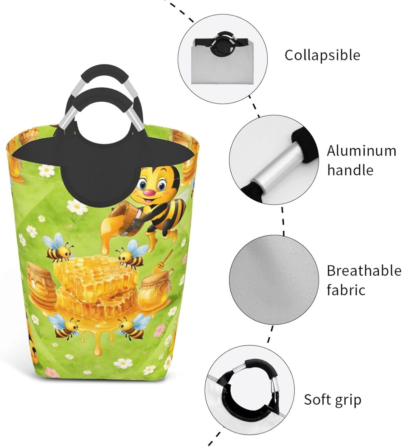 Buzzing Honey Bee Party Foldable Dirty Laundry Bag, Waterproof Oxford Fabric With Pe Board Base, 50l Capacity For Home & Travel