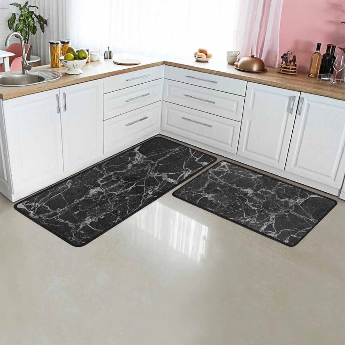 Set di 2 tappetini da cucina con pittura astratta effetto marmo, antiscivolo, assorbenti, imbottiti, anti-fatica, lavabili, per casa, lavanderia, 43,2 x 73,7 cm + 43,2 x 119,4 cm