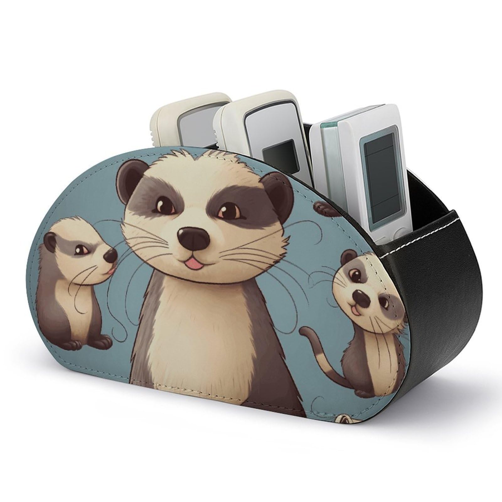 VstaDank Hairy Ferret Remote Control Holder with 5 Compartments PU Leather Remote Caddy Desktop Organizer Store TV Remote Control Storage Box for Home Office Desk Nightstand