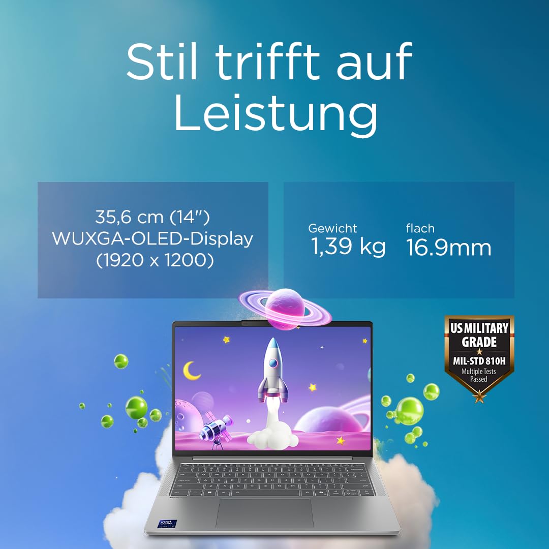 Lenovo IdeaPad Slim 5i Laptop | Copilot+ PC | 14" WUXGA OLED Display | Intel Core Ultra 9 185H | 1TB SSD | 32GB RAM | Intel Arc Grafik | QWERTZ | Beleuchtet | Win11 | Grau | 3 Monate Premium Care