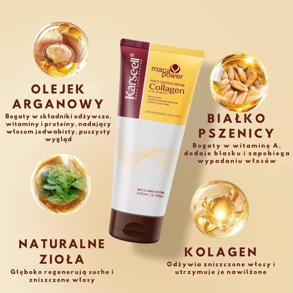 Karseell MACA CARE SYSTEM Zestaw Maska do Włosów Kolagen 200ml + Serum Olejek Arganowy 50ml Głęboka Regeneracja Intensywne Nawilżenie Blask Anti Frizz do Włosów Suchych i Zniszczonych Profesjonalny