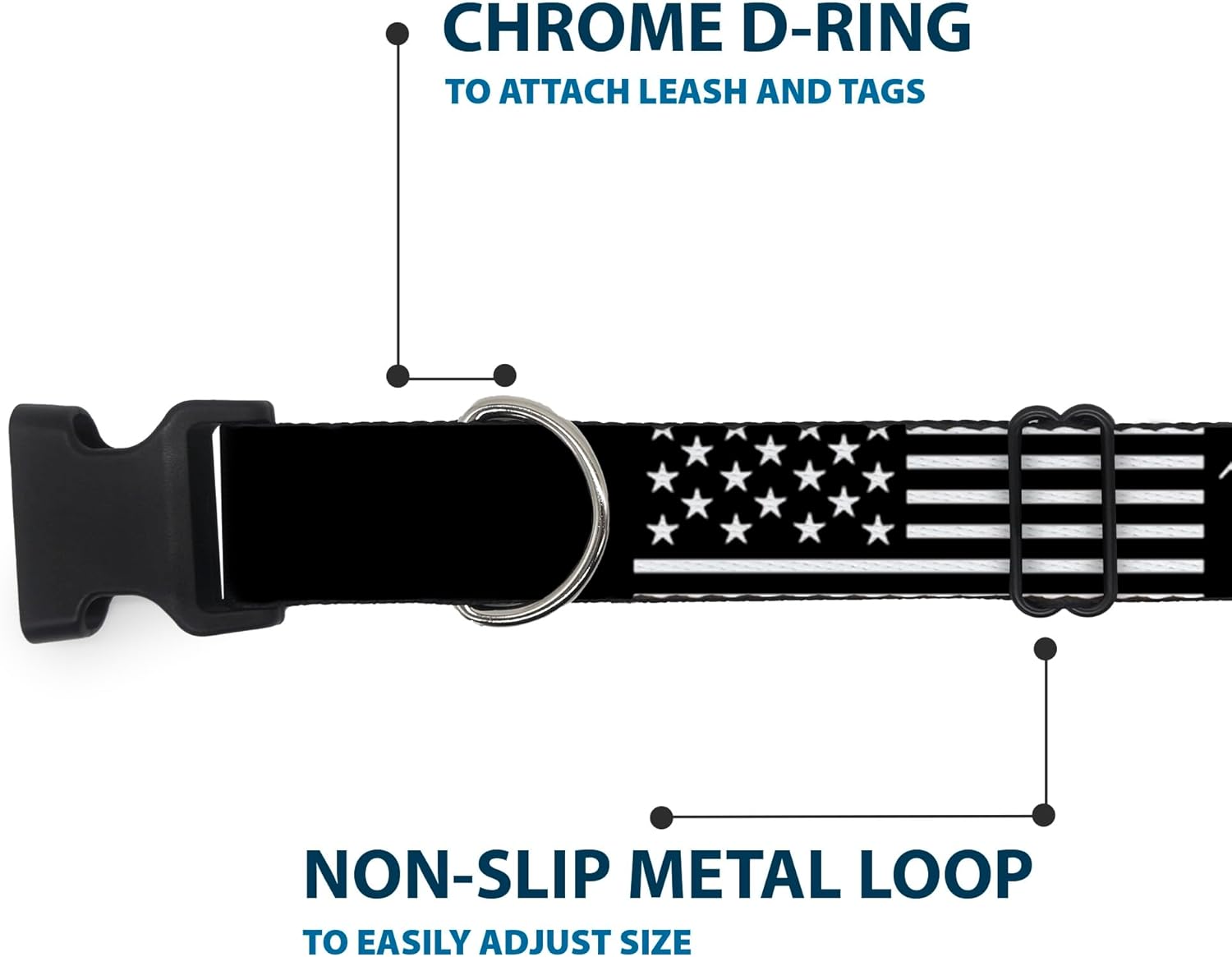 Dog Collar Plastic Clip Americana Flag We The People Black White 18 to 32 Inches 1.5 Inch Wide