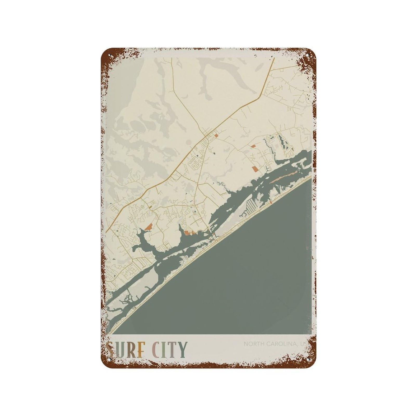 xiaoxiaoshen Surf City Map North Carolina Travel Gift Boho Decor Wall Decor Art Metal Tin Poster Modern Home Decor Art Home Bar Shop Decorations Vintage Sign 30x20cm