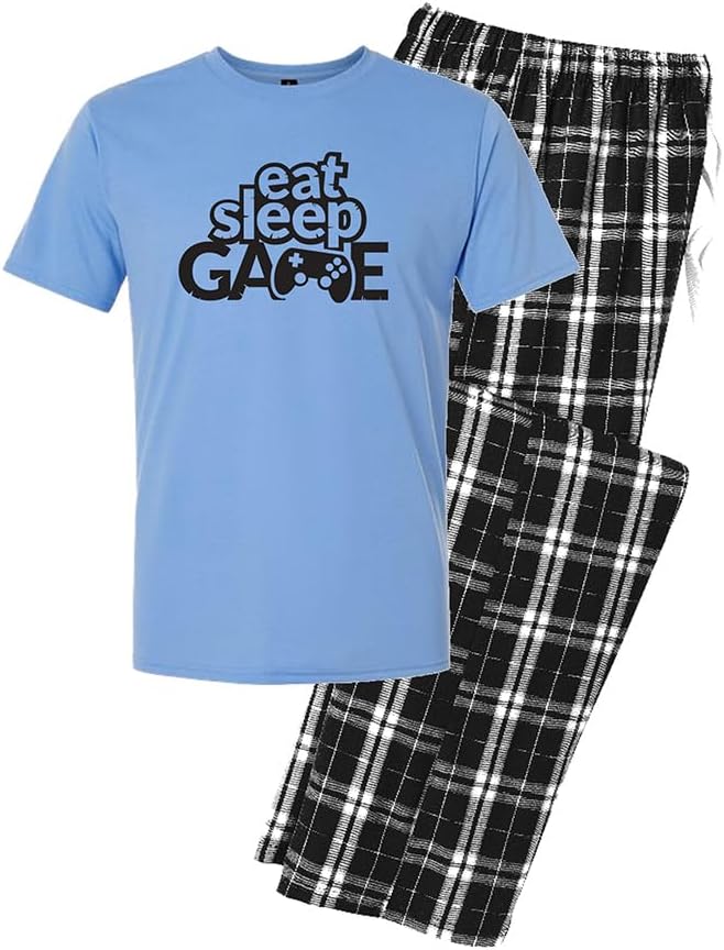 Studio 9Thirty3 Eat Sleep Game Repeat Pajama Set – Men’s Gaming Tee & Flannel Lounge Pants, Cozy Gamer Gift