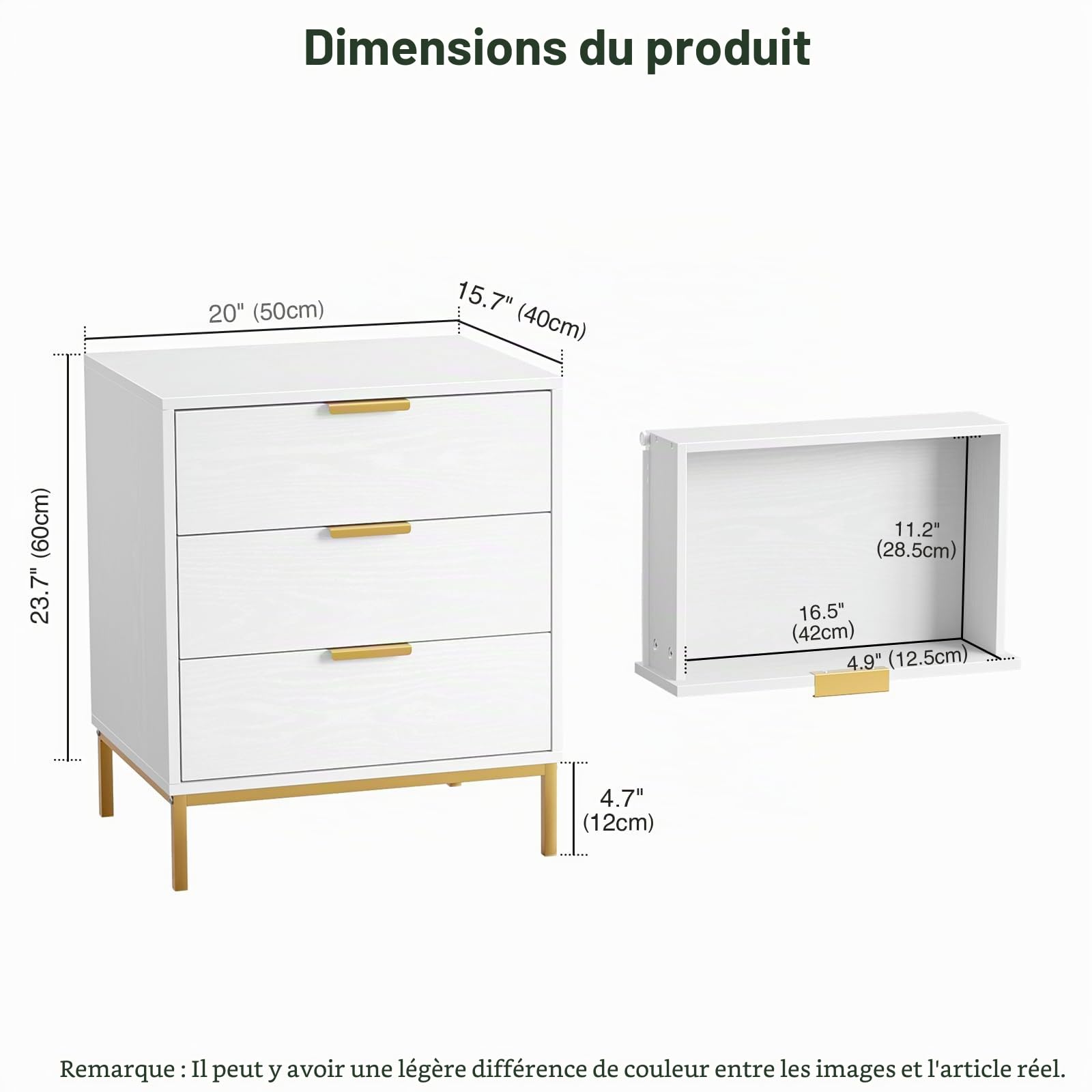Table de Chevet en Bois avec 3 tiroirs décorés à la Main en rotin (Blanc)