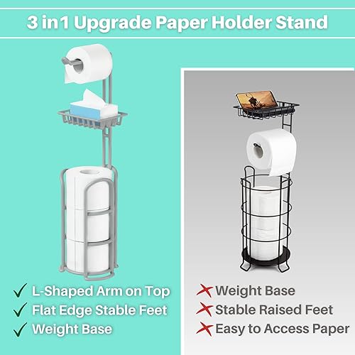 Miniatura 2 de Soporte de papel higiénico mejorado, soporte independiente de papel higiénico gris plateado con estante, estante de almacenamiento de pañuelos de