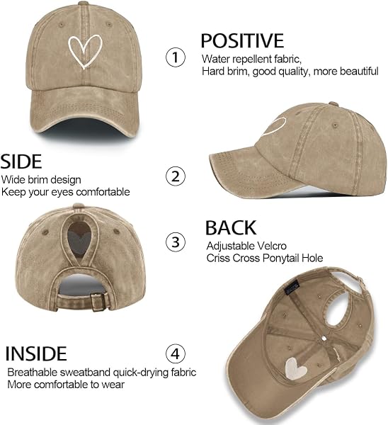 Queue de Cheval Casquette de Baseball pour Femme avec Motif Cœur Brodé Classique et Look Vintage Délavé Réglable Trucker Cap Golf Papa Chapeaux pour Sports d'extérieur - 2