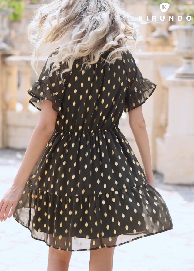 golden dot dress YELLOW LONG DRESS WITH WHITE POLKA DOTS